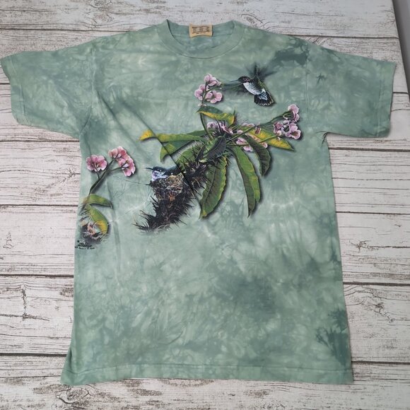 Vintage 1999 The Mountain Hummingbird Flower Green Tie Dye Shirt Size Medium - Picture 1 of 6